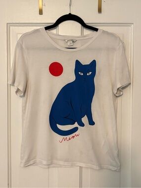 Monki White Tee with Blue Cat Size S